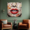 Close-cropped mixed-media portrait with vivid red lips on a warm cream paper collage mosaic, bold contemporary wall art