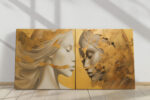 Two female faces in golden amber and warm gray, gold leaf mixed-media portrait canvas for living room or bedroom