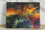 Abstract acrylic fluid art explosion in amber, crimson, and teal on near-black background, bold canvas wall art