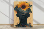 Human face silhouette with mountain landscape and sunflower in warm ochre and teal, bold mixed-media wall art for living room