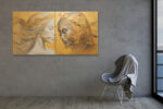 Two female faces in golden amber and warm gray, gold leaf mixed-media portrait canvas for living room or bedroom