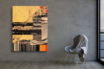Coffee cup collage with barcode stripes and warm yellow panels, bold mixed-media wall art for industrial home office