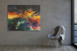 Abstract acrylic fluid art explosion in amber, crimson, and teal on near-black background, bold canvas wall art
