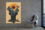 Human face silhouette with mountain landscape and sunflower in warm ochre and teal, bold mixed-media wall art for living room