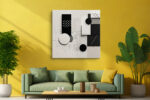 Black and off-white geometric collage with halftone dots and diagonal hatching, minimalist wall art canvas for home office