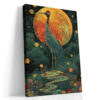 Red-crowned crane silhouetted against an amber moon, dark teal botanical illustration portrait canvas for living room