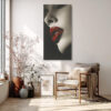 Extreme close-up portrait, vivid crimson lips on monochrome skin, bold high-contrast wall art for contemporary spaces