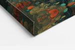 Red-crowned crane silhouetted against an amber moon, dark teal botanical illustration portrait canvas for living room