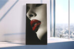 Extreme close-up portrait, vivid crimson lips on monochrome skin, bold high-contrast wall art for contemporary spaces