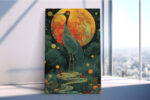 Red-crowned crane silhouetted against an amber moon, dark teal botanical illustration portrait canvas for living room