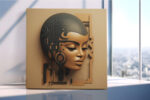 Cyberpunk female face with golden bronze skin and dark mechanical circuit panel, bold digital art canvas for a living room