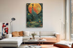 Red-crowned crane silhouetted against an amber moon, dark teal botanical illustration portrait canvas for living room