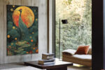 Red-crowned crane silhouetted against an amber moon, dark teal botanical illustration portrait canvas for living room