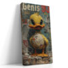 Cartoon duck on graffiti wall in golden yellow and teal-grey tones, bold street art canvas for living room or home office
