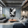 Red-crowned crane and full moon in black and white ink illustration style, japandi wall art canvas for bedroom