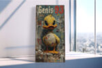 Cartoon duck on graffiti wall in golden yellow and teal-grey tones, bold street art canvas for living room or home office