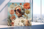 Woman with red circular sunglasses amid flowers and blueprint sketches, maximalist mixed-media wall art for living room