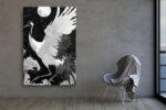 Red-crowned crane and full moon in black and white ink illustration style, japandi wall art canvas for bedroom