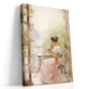 Woman in blush-pink dress at wrought iron bistro table with roses, romantic watercolor wall art canvas for bedroom