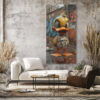 Hyper-realistic CGI duck on wet pavement, graffiti brick wall, bold urban street art canvas print for living room