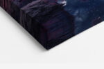 Surreal city skyline in crimson and deep navy with mirrored water reflection, dramatic digital art canvas for living room