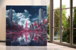 Surreal city skyline in crimson and deep navy with mirrored water reflection, dramatic digital art canvas for living room