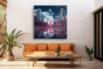 Surreal city skyline in crimson and deep navy with mirrored water reflection, dramatic digital art canvas for living room
