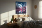 Surreal city skyline in crimson and deep navy with mirrored water reflection, dramatic digital art canvas for living room