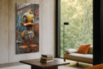 Hyper-realistic CGI duck on wet pavement, graffiti brick wall, bold urban street art canvas print for living room