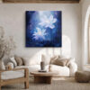 White flowers glowing against dark navy forest with bokeh particles, moody romantic digital art canvas for bedroom