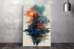 Rocky island with red autumn foliage and pagoda structures, mixed-media East Asian canvas art for living room