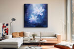 White flowers glowing against dark navy forest with bokeh particles, moody romantic digital art canvas for bedroom
