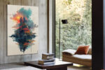 Rocky island with red autumn foliage and pagoda structures, mixed-media East Asian canvas art for living room