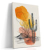 Saguaro cactus ink illustration with orange and gold watercolor washes, desert mixed-media wall art for living room