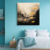 Golden ginkgo leaves on ink-wash landscape, earthy and gold tones, japandi botanical canvas print for bedroom