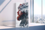 Bearded man's profile blended with snowy mountains, wolves and pine forest in deep red and charcoal digital art canvas