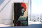 Woman's profile with vivid red halo and black geometric panels, moody mixed-media portrait canvas for living room