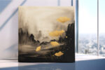 Golden ginkgo leaves on ink-wash landscape, earthy and gold tones, japandi botanical canvas print for bedroom