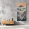 Cherry blossom trees and misty mountain peaks in pink and slate blue, japandi ink-wash canvas art for bedroom