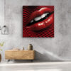 Extreme close-up of glossy red lips amid swirling red and black stripes, bold digital art canvas for living room