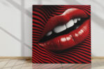 Extreme close-up of glossy red lips amid swirling red and black stripes, bold digital art canvas for living room
