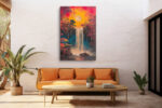 Waterfall beneath a full moon flanked by crimson autumn trees, mixed-media drip-paint canvas for living room or bedroom