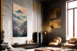 Cherry blossom trees and misty mountain peaks in pink and slate blue, japandi ink-wash canvas art for bedroom