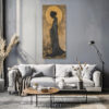 Female silhouette in golden amber and near-black, Japanese-inspired mixed media portrait canvas for bedroom or living room