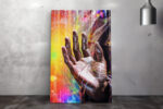 Open palm with rainbow prismatic light and glitter strands, surreal portrait photography canvas for living room
