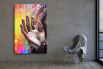 Open palm with rainbow prismatic light and glitter strands, surreal portrait photography canvas for living room