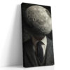 Moon sphere replacing a suited figure's head in dark surrealist digital art, portrait canvas for a home office or living room