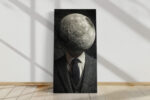 Moon sphere replacing a suited figure's head in dark surrealist digital art, portrait canvas for a home office or living room