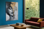 Woman's face with gold impasto brushwork, monochrome and warm gold mixed-media portrait canvas for bedroom or living room