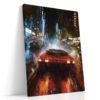 Red sports car on rain-slicked neon city street, bold moody digital art canvas for living room or home office